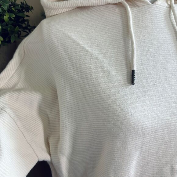 Natural Reflections Cream Ribbed Pullover Smocked Tie Hem Hooded Sweatshirt - Picture 5 of 8